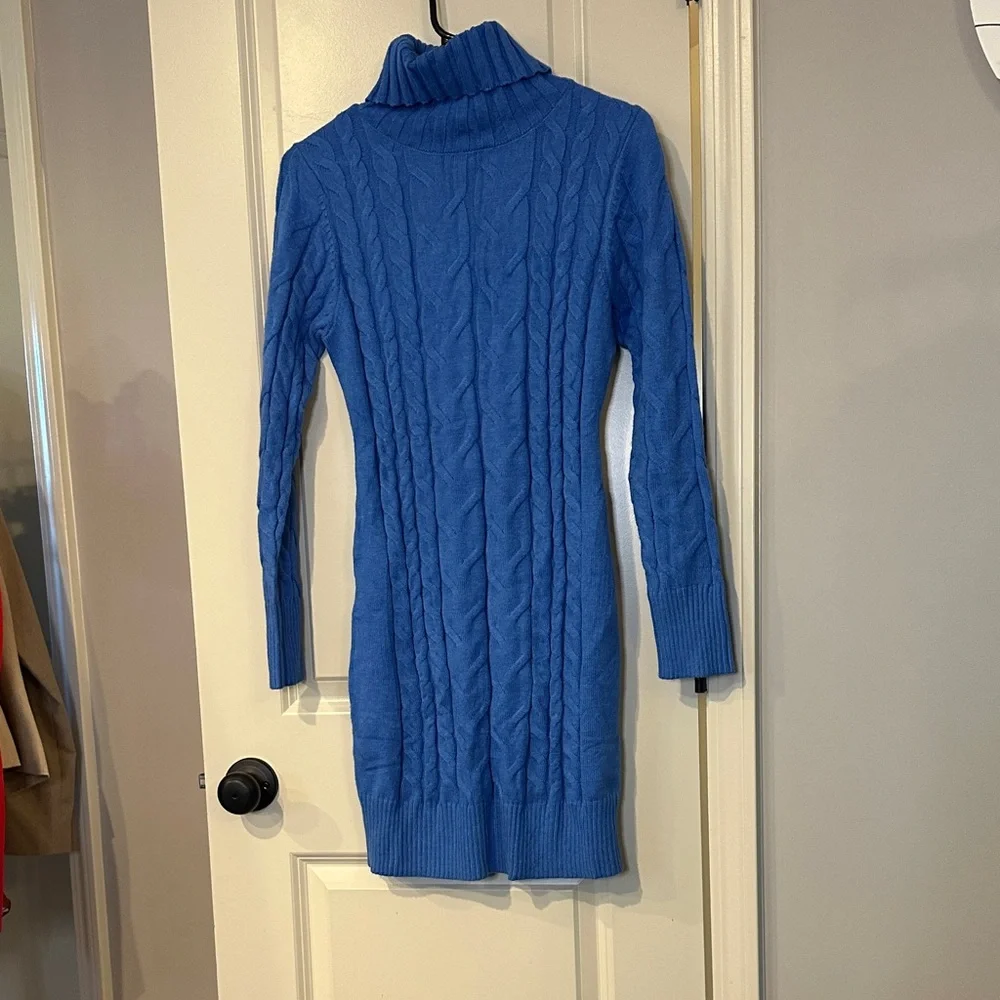 Blue Cable Knit Turtleneck Sweater Dress - Picture 1 of 2